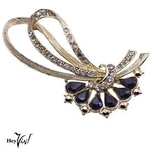 Vintage Rhinestone Pin w Blue Teardrop Shapes Curved Statement Brooch 3" - Hey V
